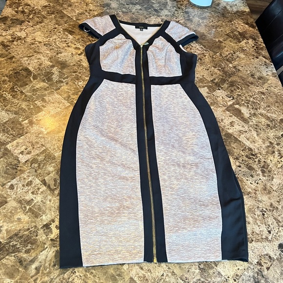 JAX Sheath Gold/Black Bodycon Dress SZ 6 Medium Short Sleeve Full Front Zipper - Picture 12 of 16